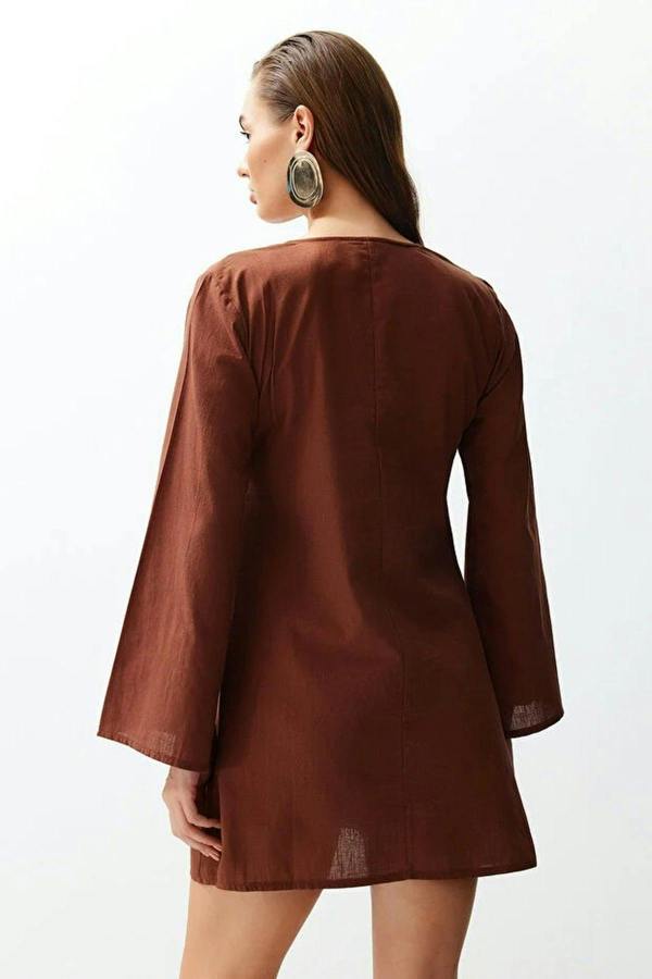 WOVCOR V Neck Long Sleeve Accessory Detail Beach Mini Dress
