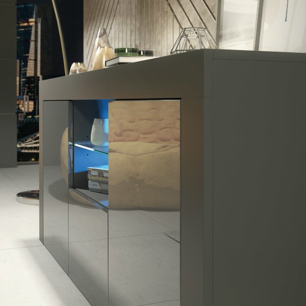 Mex Furniture Modern 145cm TV Unit, Cabinet Stand & Sideboard with Grey Gloss Doors & Free LED