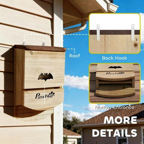 Bat Boxes, Pack of 3 Wooden Bat Houses for Outdoor, Garden, Farm, Easy to Hang, 23 x 9.5 x 36.5 cm, Natural