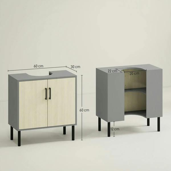 Bathroom vanity cabinet with double doors and open side view, shown with size measurements.