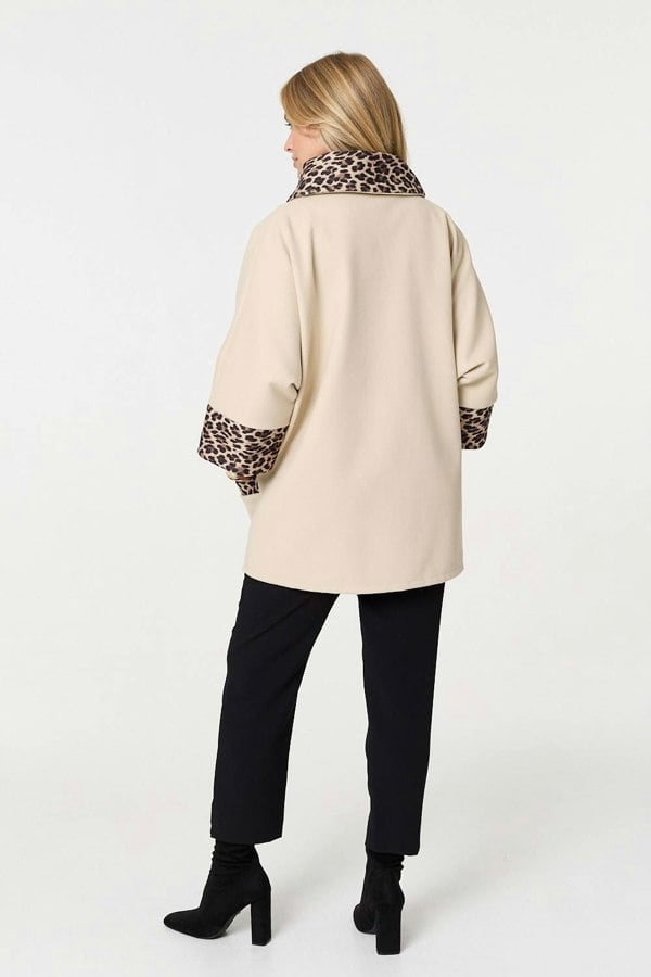 Cream | Animal Print Trim 3/4 Sleeve Cape Coat