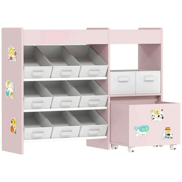 Pink kids toy storage cabinet with 11 open bins and top shelves, sticker on side.
