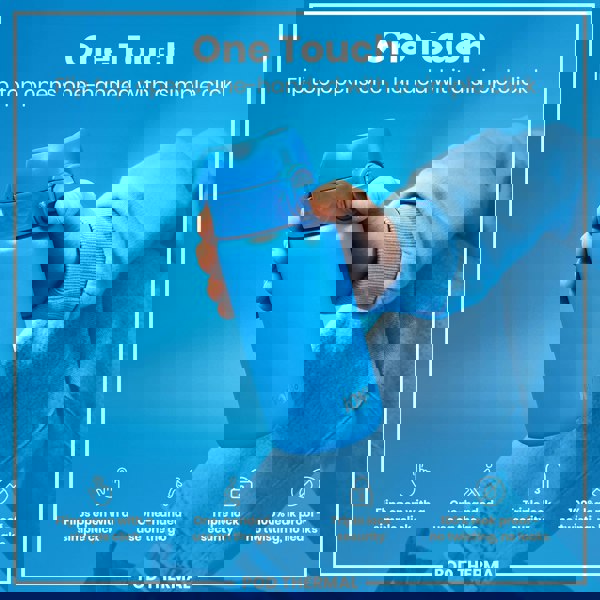 A blue water bottle is held; its flip top opens one-handed. The bottle is displayed against a light-blue background. "One Touch. Flip top opens one-handed with a simple click."