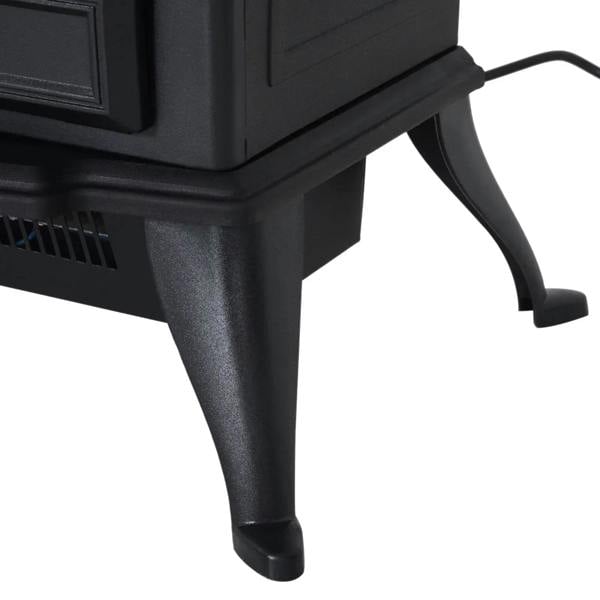 Black electric fireplace heater with angled support legs and lower vent opening