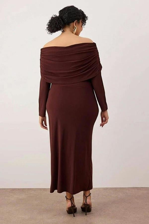 WOVCOR Ruched Carmen Neck Stretch Maxi Knit Dress