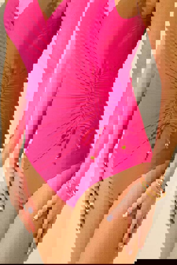 Pink Side Gather Swimsuit Closeup