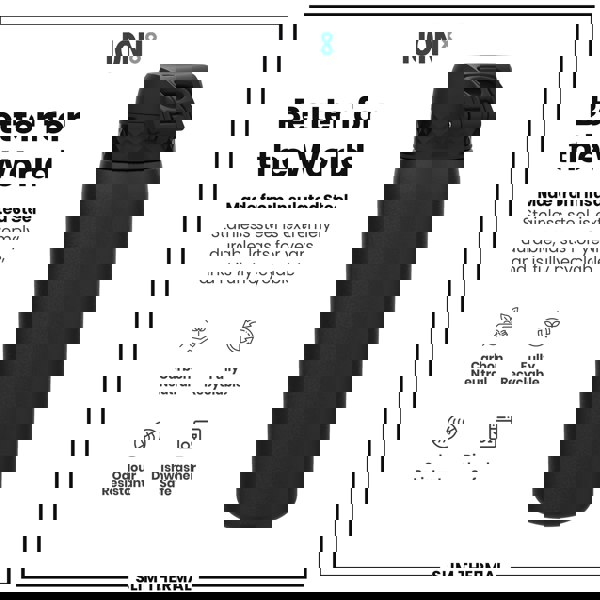 A black, insulated steel water bottle stands against a white background. It is shown with text advertising its recyclability, durability, and other features. The bottle is described as carbon neutral, fully recyclable, odor resistant and dishwasher safe.