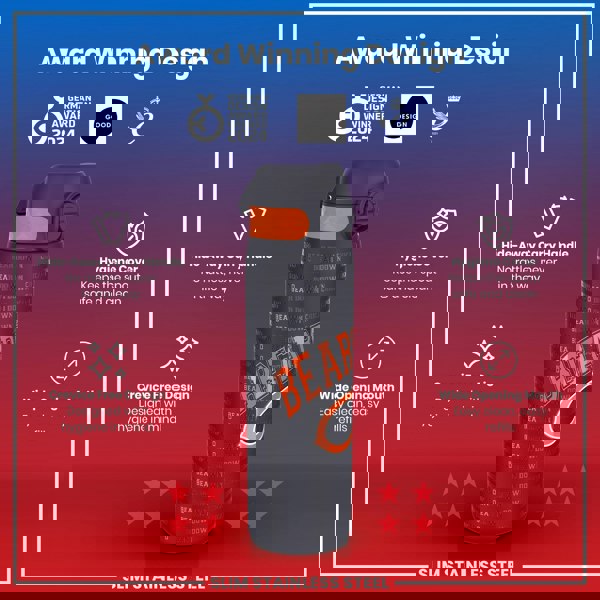 A slim stainless steel water bottle, featuring a hide-away handle and a wide opening mouth, displays an award-winning design and is shown against a red background.