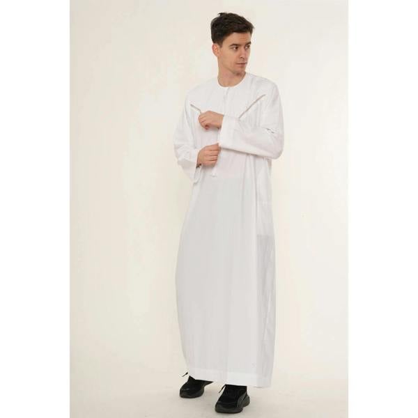 HM10 - Men's Emirati Omani Zipped Embroidery Thobe - White - Thobez - 5