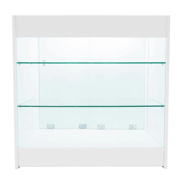 White Aries LED shop counter set featuring a sleek design with glass shelves, ideal for showcasing products in retail spaces