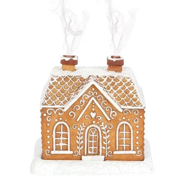Gingerbread-style incense cone burner shaped like a small house with two chimneys