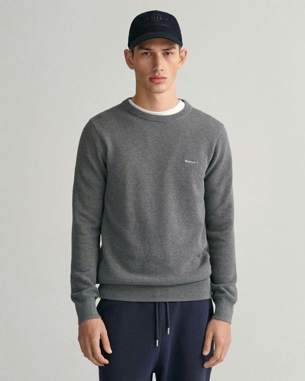 GANT Mens Cotton Pique Crew Neck Jumper - 92 Dark Grey Melange
