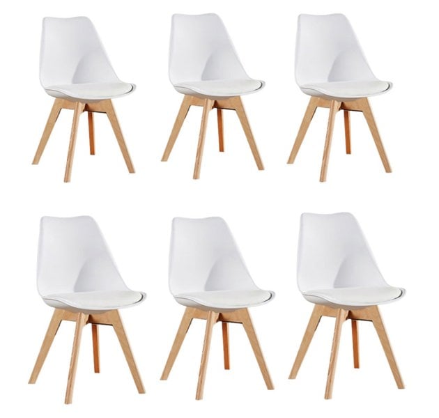 Life Interiors Set of 6 Scandinavian Dining Chairs with Leather Cushions Solid Wood Legs