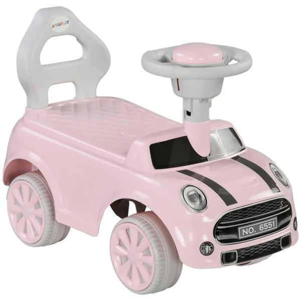 Pink ride-on toy car with steering wheel, black stripes, and front grille headlights