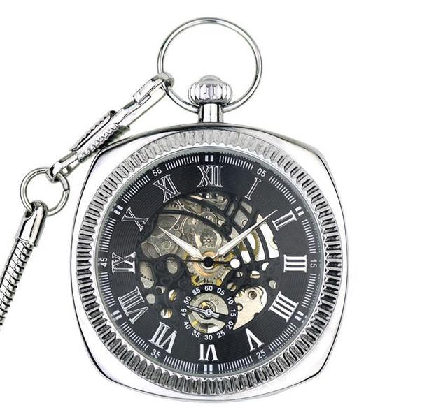 Infinity Leather Mechanical Vintage Skeleton Square Open-Face Pocket Watch