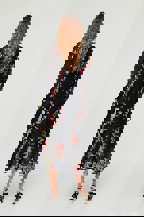 Black | Floral Semi Sheer Tie Waist Midi Dress
