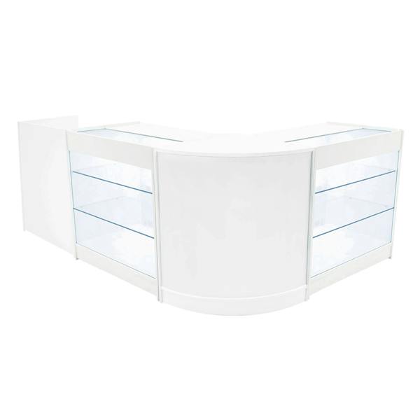 White Aries LED shop counter set featuring a sleek, modern design with glass display shelves and a curved shape, ideal for retail spaces