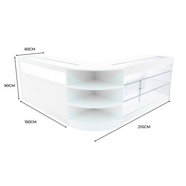 Demeter LED Shop Counter Set in white, featuring sleek design, curved edges, glass shelves, and ample storage space, dimensions 210x150x90 cm