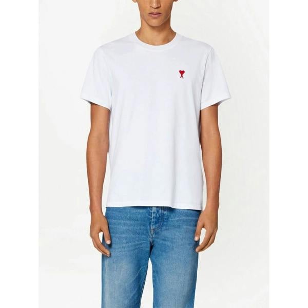 AMI Paris Ami De Coeur Red Embroidered Logo T-Shirt   in  White