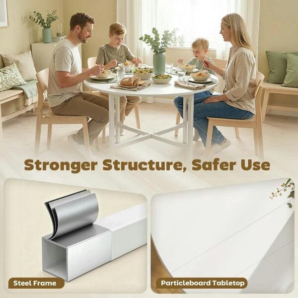 Collapsible Drop Leaf Table, Folding Dining Table for Small Spaces, Extendable Kitchen Table with Steel Frame, White
