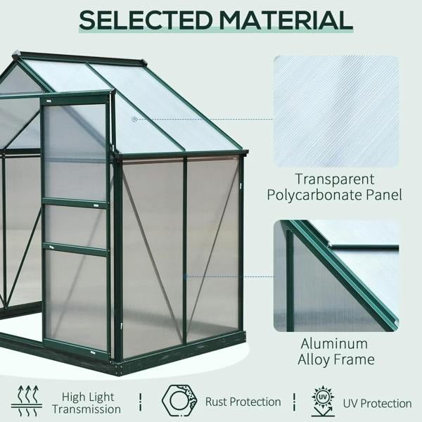 Transparent polycarbonate greenhouse with dark green aluminum frame and UV protection