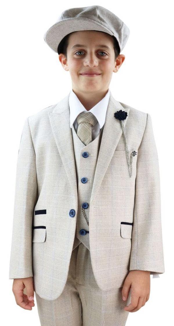 House of Cavani Boys 3 Piece Cream Herringbone Tweed Check Classic  Suit