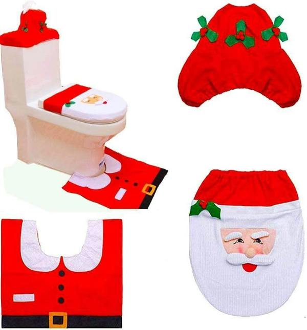 41cm Christmas Toilet Seat Cover and Bathroom Mat Set, 3 Piece Santa Style Holiday Decor in White image 2