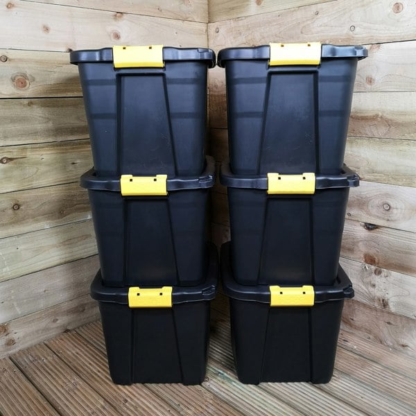 Samuel Alexander 6 x 42L Heavy Duty Storage Tubs Sturdy, Lockable, Stackable and Nestable Design Storage Chests with Clips in Black