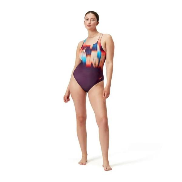 Vibrant purple orange digital placement medalist swimsuit by Speedo