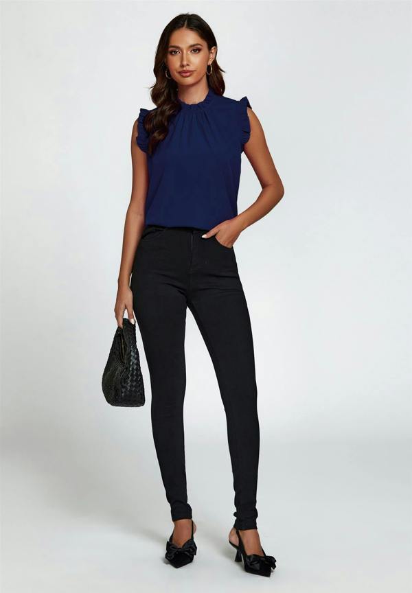 FS Collection Frill Trim Sleeve Frill Neck Blouse Top In Navy
