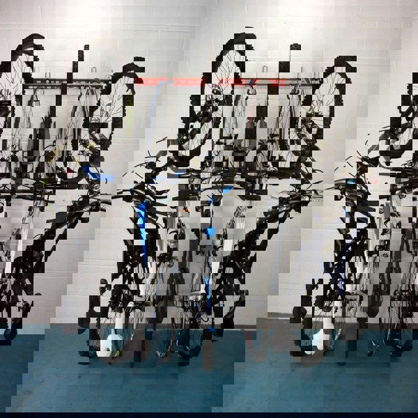 Bike wall rack for 3, 4 or 5 bikes. Vertical bike rack, wall mounting bike rack with 5 bikes including 3 MTB and two road bikes