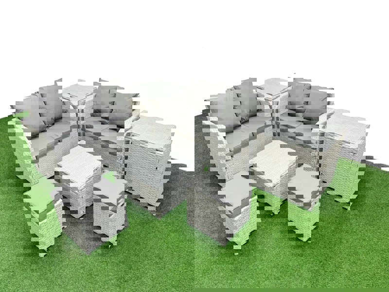 Fimous 6 Seater Outdoor Love Sofa Set Rattan Garden Furniture Set with Square Coffee Table 2 Small Stools 2 Side Tables Light Grey