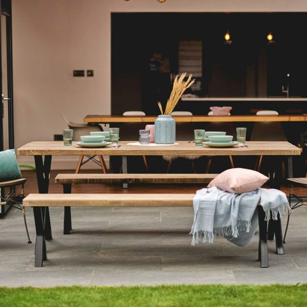 Rugger Brown Rustic Wood Outdoor Dining Table And Bench