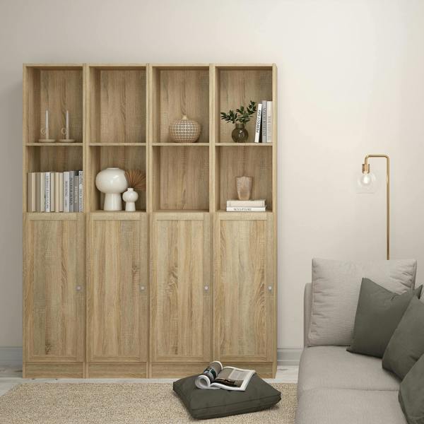Furniture To Go Basic Tall Narrow Combination Storage Bookcase in Oak (4 Shelves) with Oak Door