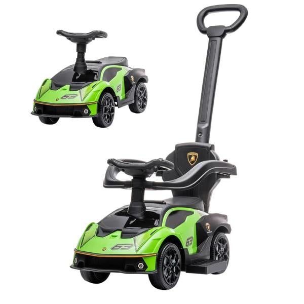Green kids 2-in-1 Lamborghini ride-on and stroller car with steering handle and horn