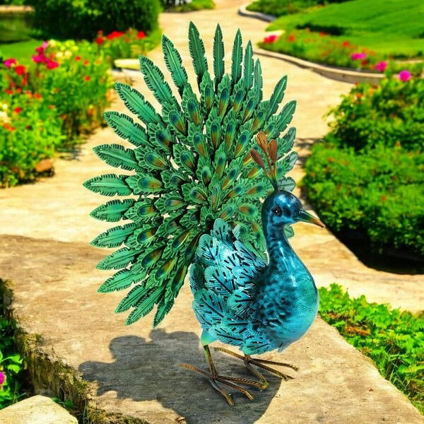EDH Door Hardware Vibrant Emerald Peacock (48cm x 43cm x 21cm) – Handcrafted Decorative Peacock Garden Ornament Farmyard Statue