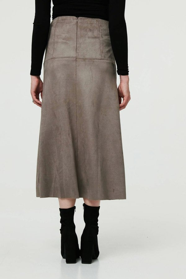 Grey | Faux Suede A-Line High Waist Midi Skirt
