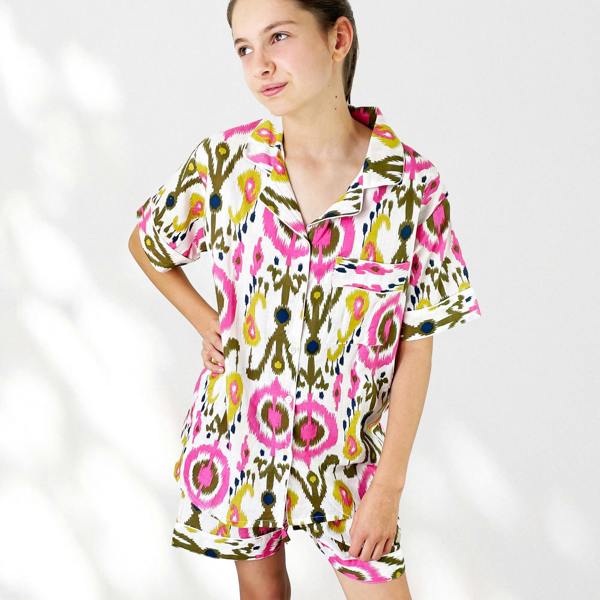 Hayley & Co Ikat Print 100% Cotton Short Pyjama Set in White and Print