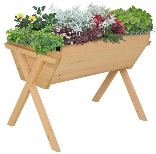 Raised wooden plant stand with open tray and angled legs, natural oak tone.
