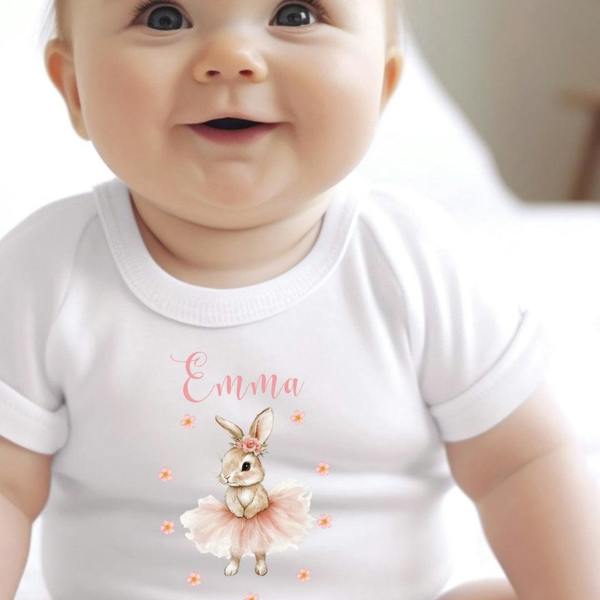 Personalised Pink Ballet Bunny Baby Grow, Vest or Bib with Name