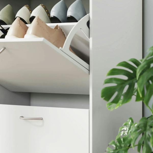 White shoe cabinet corner with pull-down shelf and visible shoe rows