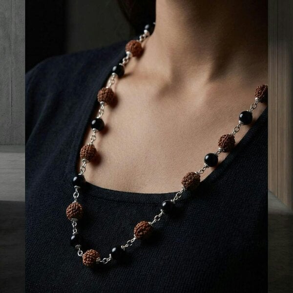 The Colourful Aura Silver Plated Rudraksha & Black Spiritual Necklace