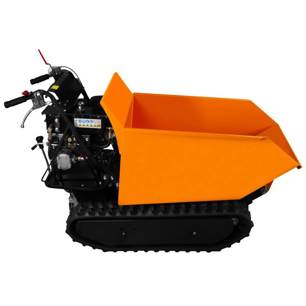 Tracked mini dumper petrol tipper in bright orange with a sturdy black chassis and rubber tracks, ideal for construction and landscaping tasks