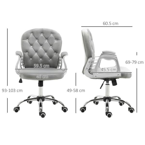 Grey velvet swivel desk chair shown with height and seat measurements
