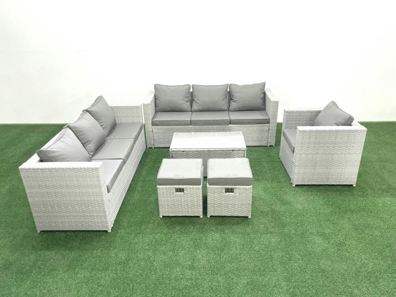 Fimous Wicker PE Rattan Sofa Garden Furniture Set with Armchair Oblong Coffee Table 2 Small Footstools Light Grey Mixed