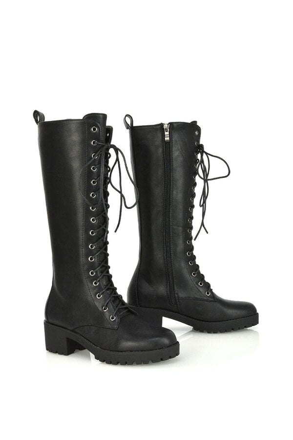 XY LONDON Lace Up Block High Heel Knee High Biker Boots