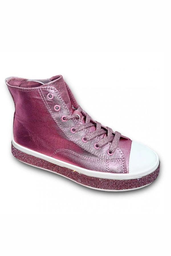 Pink high-top sneaker with white sole on a white background
