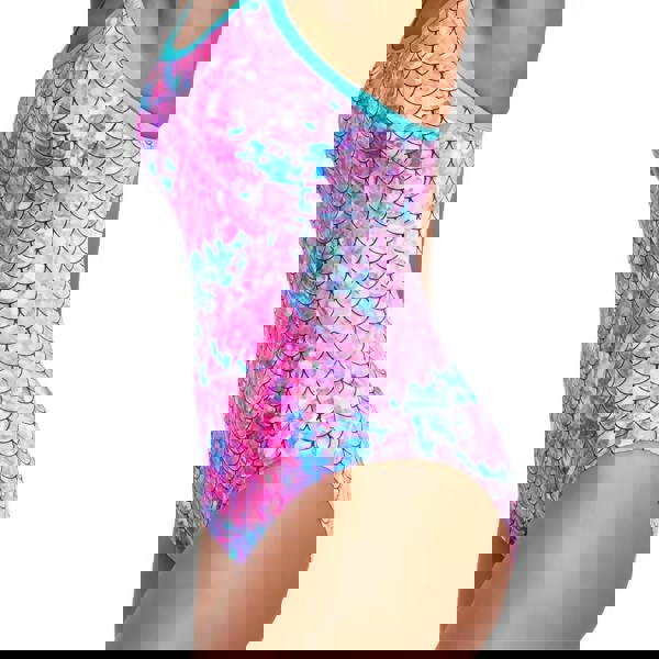 Zoggs Sirene Sparkle Thermal Ecofeel mermaid scale swimsuit in vibrant pink, blue, purple hues