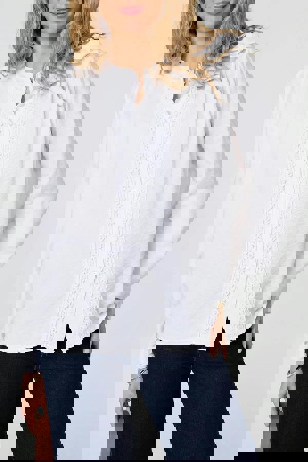 White | Lace Trim Long Sleeve Relaxed Blouse