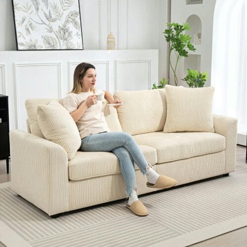Bobobiy Modern 3 Seater Sofa with Spring Cushion, 212 cm Fabric Jumbo Cord Sofa Couch with 2 Scatter Cushions, Cream White
